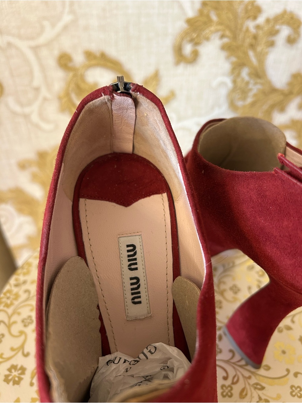 Miu Miu Burgundy Suede Peep-Toe Platform Heels with Bow - Picture 6 of 7
